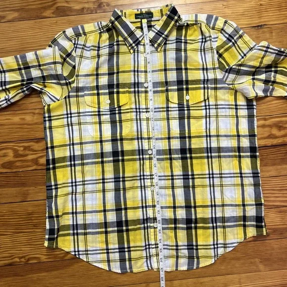 LRL Lauren Jeans Co Womens Plaid Shirt Button Up Size XL Yellow Lightweight - Picture 5 of 9